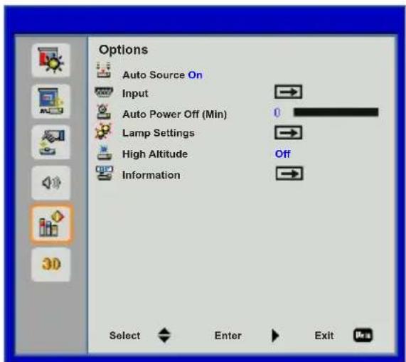 Options Auto Source On Input Auto Power Off (Min) 0 Lamp Settings High Altitude Off Information Select Enter Exit Prea