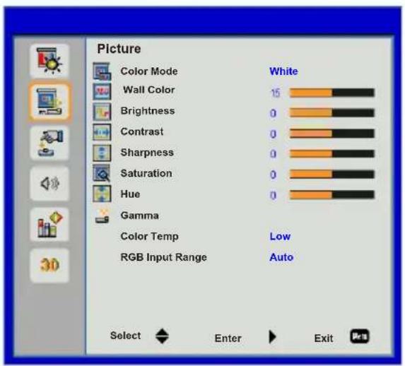 Picture Color Mode Wall Color Brightness Contrast Sharpness Saturation Hue Gamma Color Temp RGB Input Range White 15 0 0 0 0 0 0 Low Auto Select Enter Exit