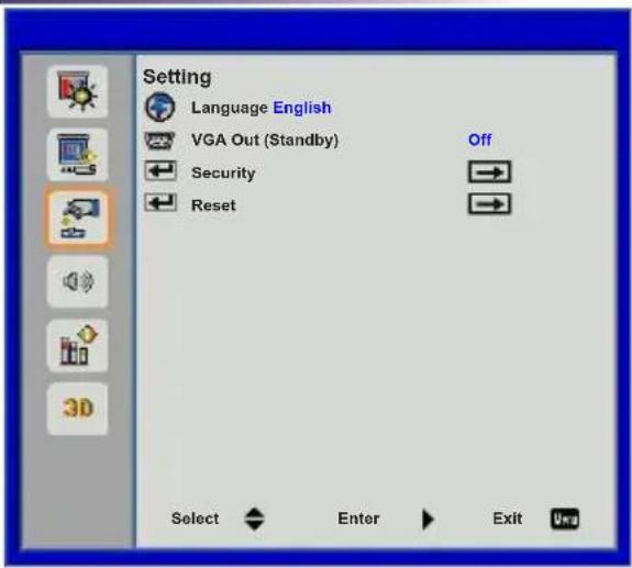 Setting Language English VGA Out (Standby) Off Security Reset Select Enter Exit