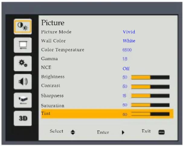 Picture Picture Mode Vivid Wall Color White Color Temperature 6500 Gamma 18 NCE Off Brightness 50 Contrast 50 Sharpness 15 Saturation 50 Tint 50 Select Enter Exit