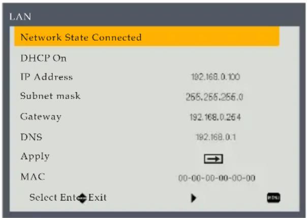 LAN Network State Connected DHCP On IP Address 192.168.0.100 Subnet mask 255.256.256.0 Gateway 192.168.0.254 DNS 192.168.0.1 Apply → MAC 00-00-00-00-00-00 Select Enter→Exit ►