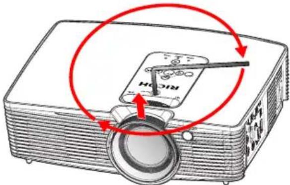 Diagram of a projector with red circular arrows indicating rotation and sound wave effects around the screen