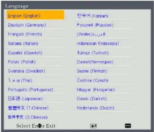 Language English (English) 한국어 (Korean) Deutsch (Germany) Pусский (Russian) Français (French) (Arabic)الله Italiano (Italian) Indonesian (Indonesia) Español (Spanish) Türkçe (Turkish) Polski (Polish) Danish(Norwegian) Svenska (Swedish) Suomi (Finnish) I. n u (Thai) Ceština (Czech) Português (Portuguese) Magyar (Hungarian) 日本語 (Japanese) Dansk (Darish) 繁體中文 (T.Chinese) Nederlands (Dutch) 简体中文 (S.Chinese) Select Enter Exit