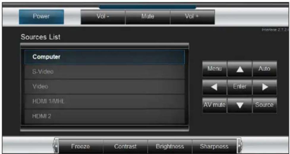 Power Vol - Mute Vol + Sources List Computer S-Video Video HDMI 1/MHL HDMI 2 Menu Auto Enter AV mute Source Freeze Contrast Brightness Sharpness