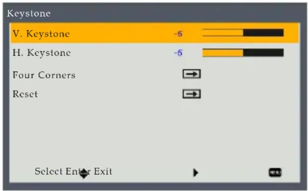 Keystone V. Keystone -5 H. Keystone -5 Four Corners → Reset → Select Enter Exit