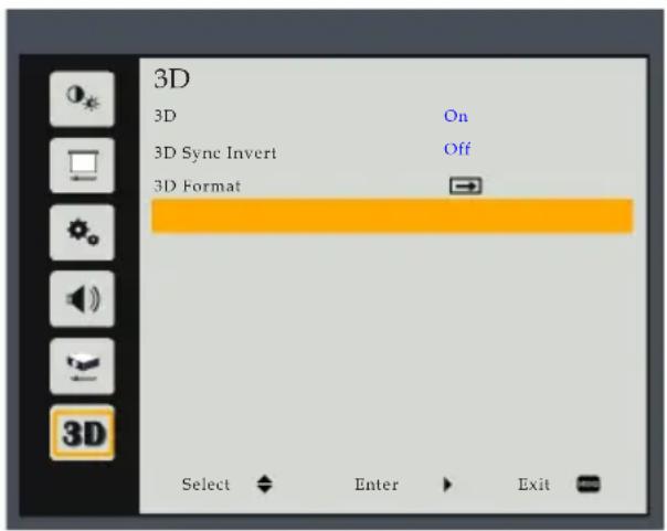 3D 3D On 3D Sync Invert Off 3D Format Select Enter Exit