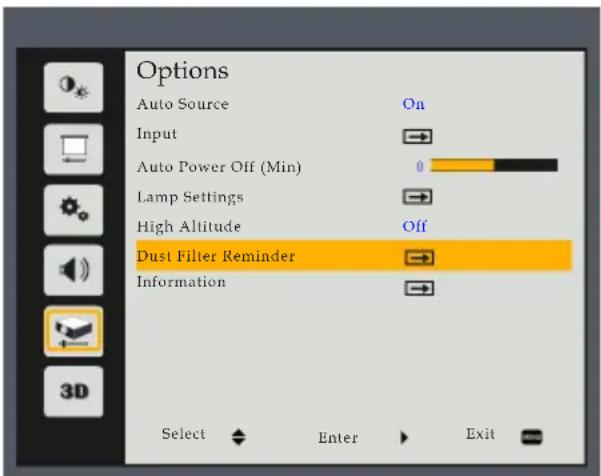 Options Auto Source On Input Auto Power Off (Min) 0 Lamp Settings High Altitude Off Dust Filter Reminder Information 3D Select Enter Exit