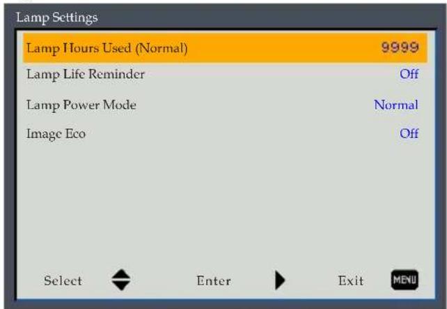 Lamp Settings Lamp Hours Used (Normal) 9999 Lamp Life Reminder Off Lamp Power Mode Normal Image Eco Off Select Enter Exit MENU