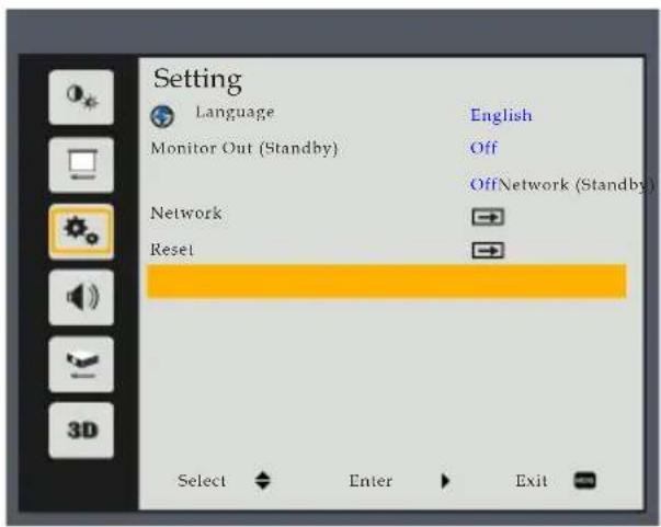 Setting Language English Monitor Out (Standby) Off OffNetwork (Standby) Network Reset Select Enter Exit