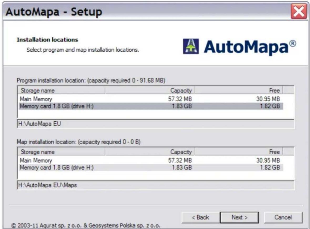 AutoMapa 6.8 - Selection of installation location - 1