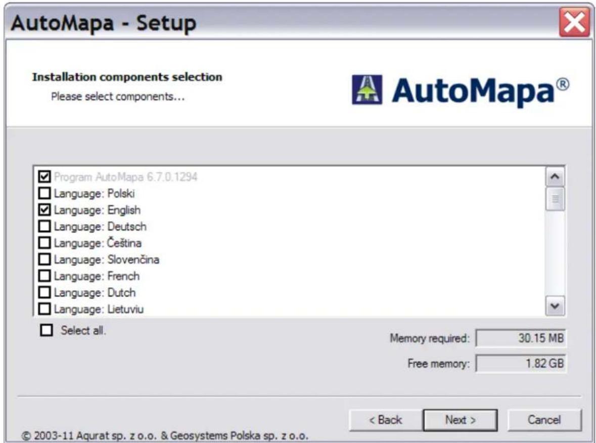 AutoMapa 6.8 - Selection of program components - 1
