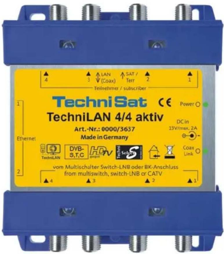 TechniSat CE TechniLAN 4/4 aktiv Art.-Nr.: 0000/3637 Made in Germany DC in 13V/max. 2A Coax Link vom Multischalter Switch-LNB oder BK-Anschluss from multiswitch, switch-LNB or CATV 4 3 2 1 4 3 2 1 TEilnehmer / subscriber 1 Ethernet 2