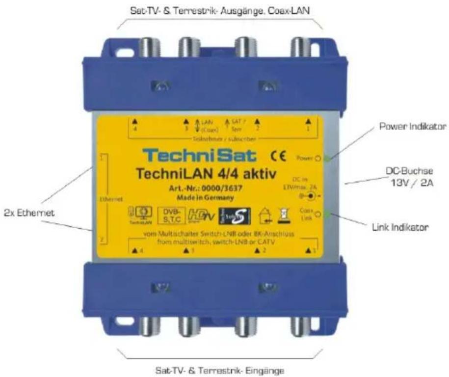 Sat-TV- & Terrestrik-Ausgänge, Coax-LAN TechniSat CE TechniLAN 4/4 aktiv Art.-Nr.: 0000/3637 Made in Germany DC in 13Vmax. 2A DC-Buchse 13V / 2A Link Indikator 2x Ethernet DVB- S.T.C vom Multischalter Switch-LNB oder BK-Anschluss from multiswitch, switch-LNB or CATV 4 1 2 3 4 5 6 7 8 9 10 11 12 13 14 15 16 17 18 19 20 21 22 23 24 25 26 27 28 29 30 31 32 33 34 35 36 37 38 39 40 41 42 43 44 45 46 47 48 49 50 51 52 53 54 55 56 57 58 59 60 61 62 63 64 65 66 67 68 69 70 71 72 73 74 75 76 77 78 79 80 81 82 83 84 85 86 87 88 89 90 91 92 93 94 95 96 97 98 99 100