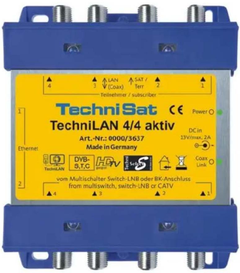 TechniSat CE TechniLAN 4/4 aktiv Art.-Nr.: 0000/3637 Made in Germany DC in 13V/max. 2A Coax Link vom Multischalter Switch-LNB oder BK-Anschluss from multiswitch, switch-LNB or CATV 4 3 2 1 4 3 2 1 TEilnehmer / subscriber 1 Ethernet 2