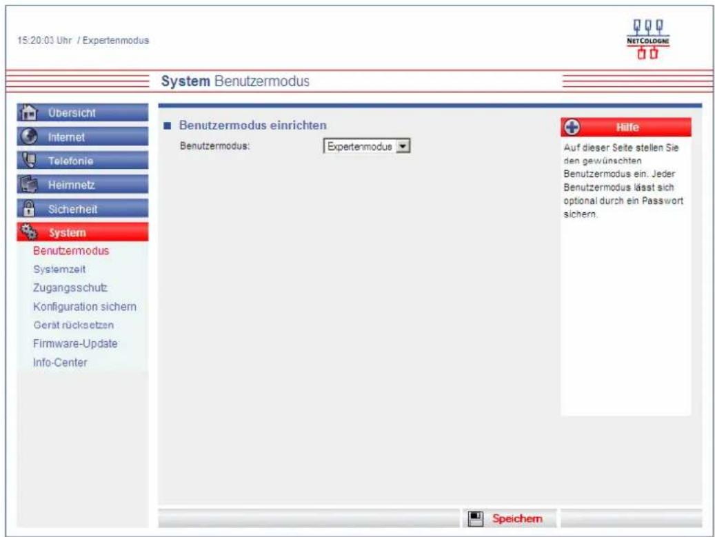 NetCologne NetConnect Premium - System → Benutzermodus → Expertenmodus - 1