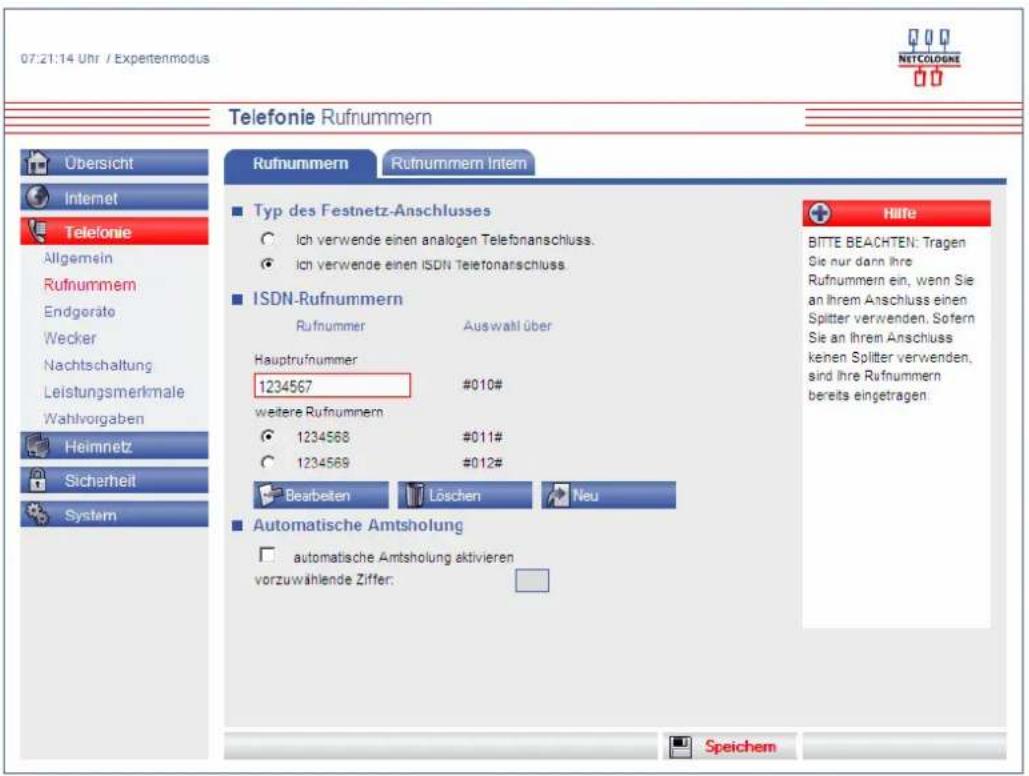 NetCologne NetConnect Premium - Untermenü Rufnummern - 1