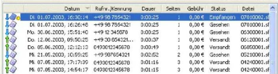 Datum Rufnr./Kennung Dauer Seiten Gebühr Status Datei Di. 01.07.2003, 16:30:14 +49 98 7554321 0:00:25 1 0,00 € Empfangen 07010002.sf Di. 01.07.2003, 16:26:48 +49 98 7554321 0:00:25 1 0,00 € Gesehen 07010001.sf Mo. 30.06.2003, 15:51:40 +49 12 345678 0:00:25 1 0,00 € Gesehen 06300001.sf Do. 12.06.2003, 09:50:25 +49 30 654321... 0:00:37 1 0,00 € Versandt 06120001.sf Do. 05.06.2003, 12:12:13 0493012345678 0:00:49 1 0,00 € Versandt 06050001.sf Mi. 21.05.2003, 10:59:25 +49 987654321 0:02:52 2 0,00 € Gesehen 05210001.sf Mi. 07.05.2003, 17:17:39 0493012345678 0:01:16 3 0,00 € Versandt 04240003.sf Mi. 07.05.2003, 14:54:17 0493012345678 0:01:15 3 0,00 € Versandt 04240003.sf