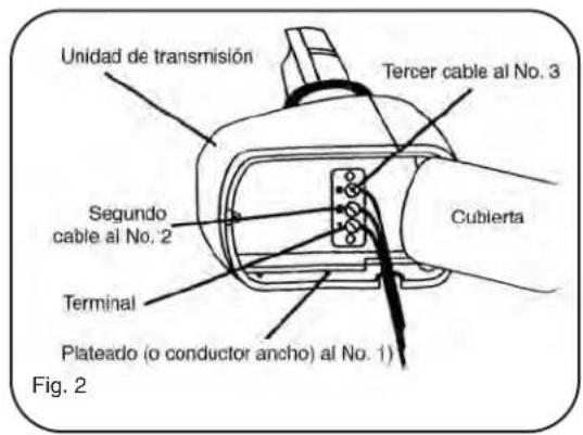Unidad de transmisión Tercer cable al No. 3 Segundo cable al No. 2 Cubierta Terminal Plateado (o conductor ancho) al No. 1) Fig. 2