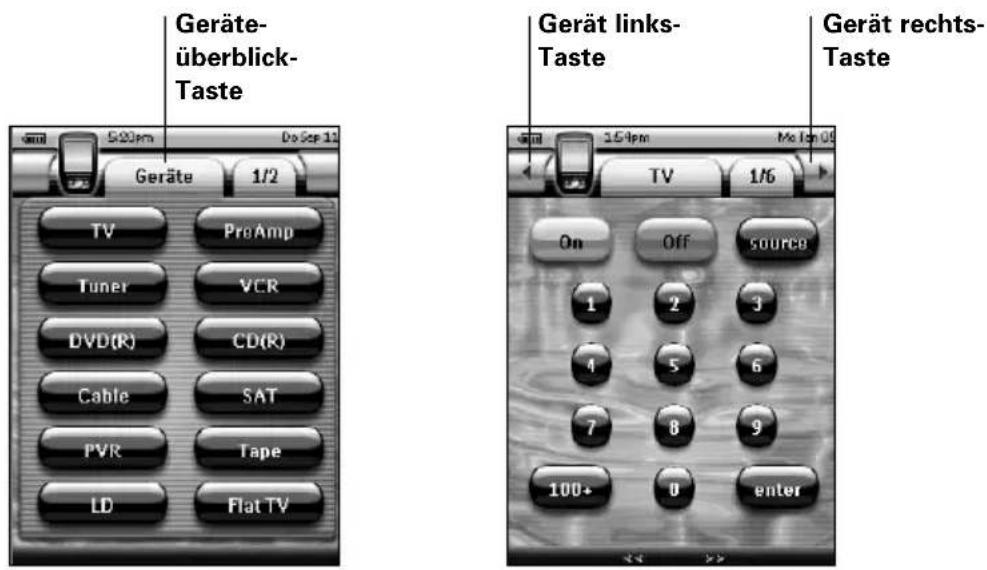 Geräte- überblick- Taste Geräte 1/2 TV PreAmp Tuner VCR DVD(R) CD(R) Cable SAT PVR Tape LD Flat TV Gerät links- Taste 1.54 pm Me Ign 06 On Off source 1 2 3 4 5 6 7 8 9 100+ 0 enter