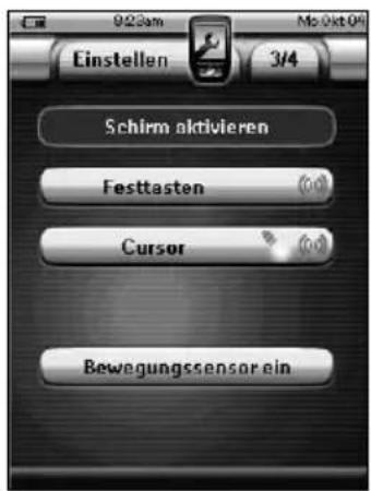 Einstellen 3/4 Schirm aktivieren Festtasten Cursor Bewegungssensor ein