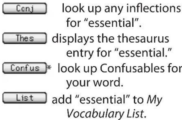 Conj look up any inflections for "essential". Thes displays the thesaurus entry for "essential." Confus* look up Confusables for your word. List add "essential" to My Vocabulary List.