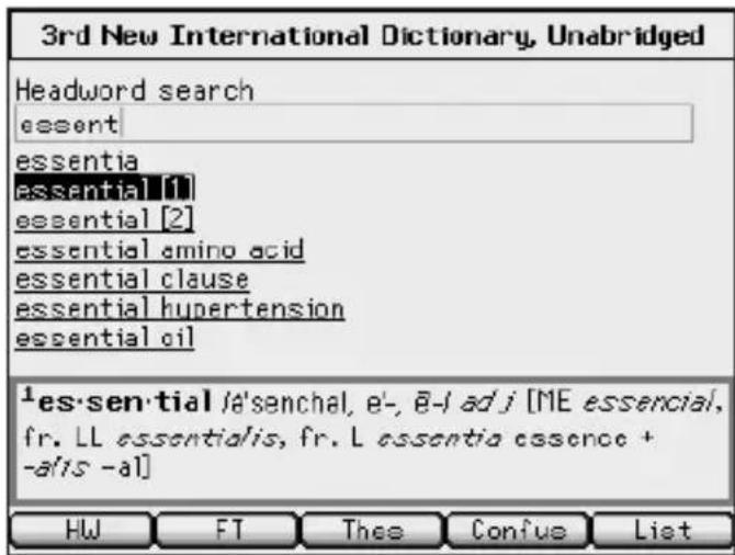 3rd New International Dictionary, Unabridged Headword search essent essentia essential [1] essential [2] essential amino acid essential clause essential hypertension essential oil 1es-sen-tial /a'senchal, e'-, E-l adj [ME essencial, fr. LL essentialis, fr. L essentia essence + -a/is -a] HW FT Thee Confus List