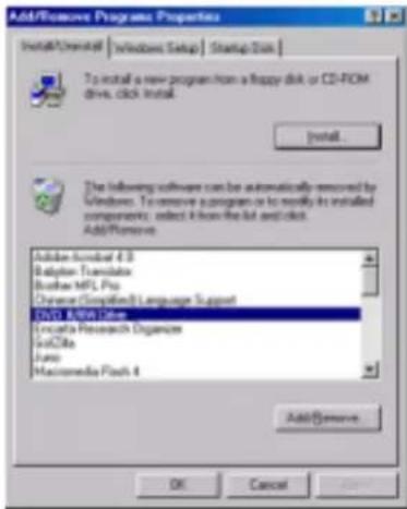 Add/Remove Programs Properties Install/Install Windows Setup Startup Disk To install a new program from a floppy disk or CD-ROM drive, click Install. Install. The following software can be automatically received by Windows. To remove a program or to modify its installed components, select K from the list and click. Add/Remove: Adobe Acrobat 4.0 Babylon Translate Burbon MFL Pro Chrome (Compiled) Language Support DVD Award 4.0 Iconata Research Organics Sci71a Java Macromedia Flash 4 Add/Remove OK Cancel