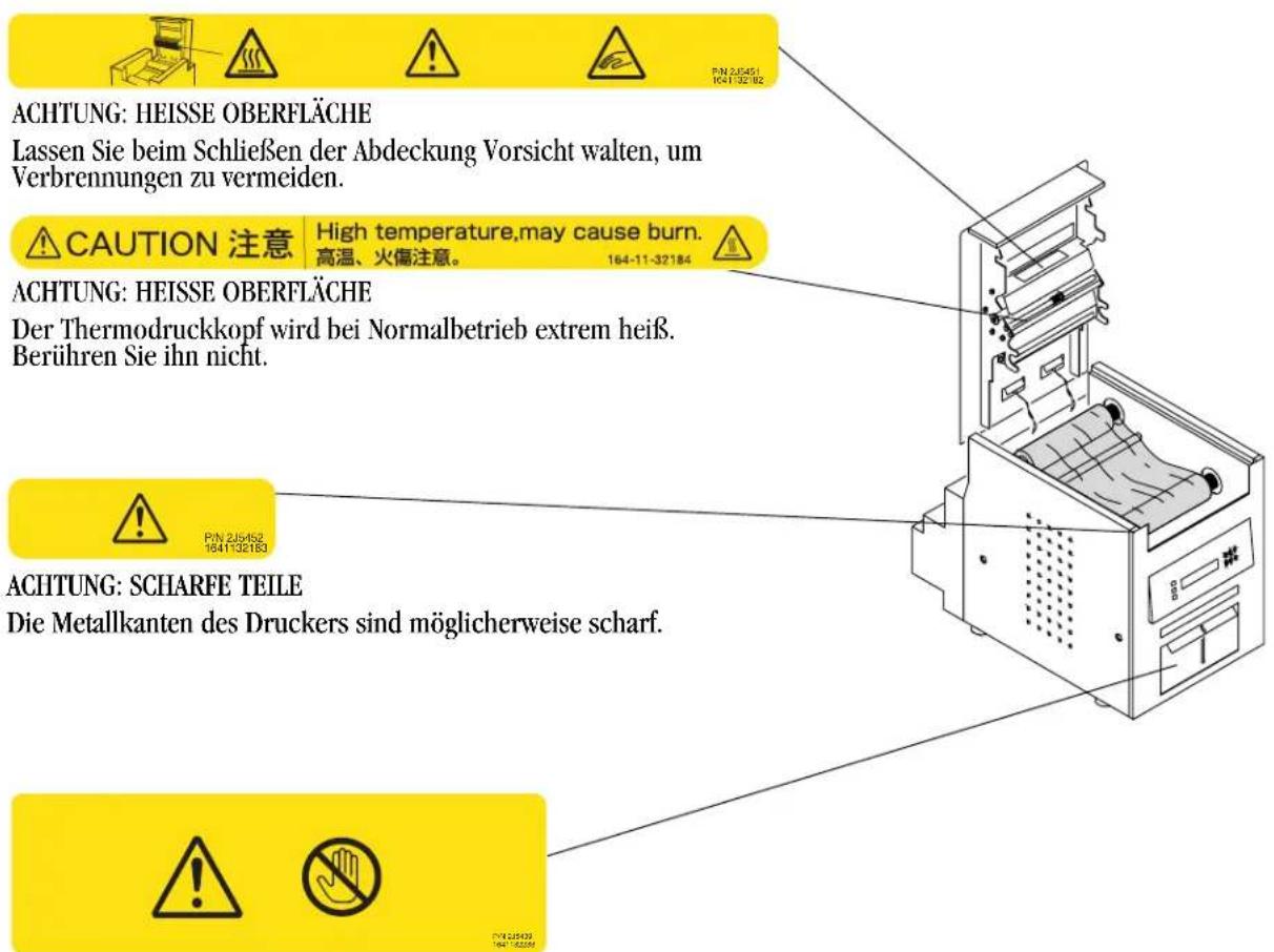 ACHTUNG: HEISSE OBERFLÄCHE Lassen Sie beim Schließen der Abdeckung Vorsicht halten, um Verbrennungen zu vermeiden. CAUTION 注意 High temperature,may cause burn. 高温、火傷注意。 164-11-32184 ACHTUNG: HEISSE OBERFLÄCHE Der Thermodruckkopf wird bei Normalbetrieb extrem heiß. Berühren Sie ihn nicht. ACHTUNG: SCHARFE TEILE Die Metallkanten des Druckers sind möglicherweise scharf.