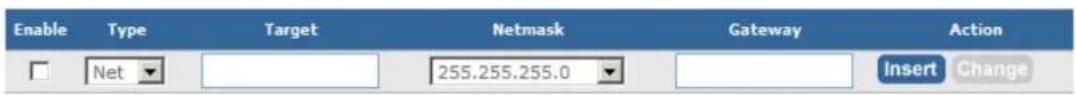 Enable Type Target Netmask Gateway Action Net 255.255.255.0 Insert Change
