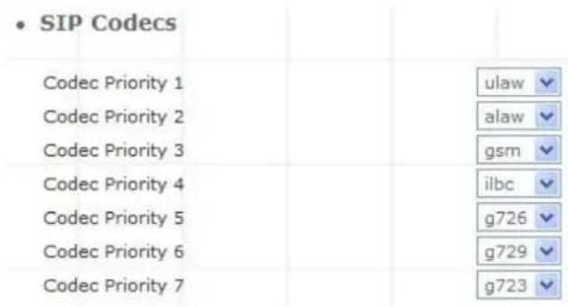 • SIP Codecs Codec Priority 1 ulaw Codec Priority 2 alaw Codec Priority 3 gsm Codec Priority 4 ilbc Codec Priority 5 g726 Codec Priority 6 g729 Codec Priority 7 g723