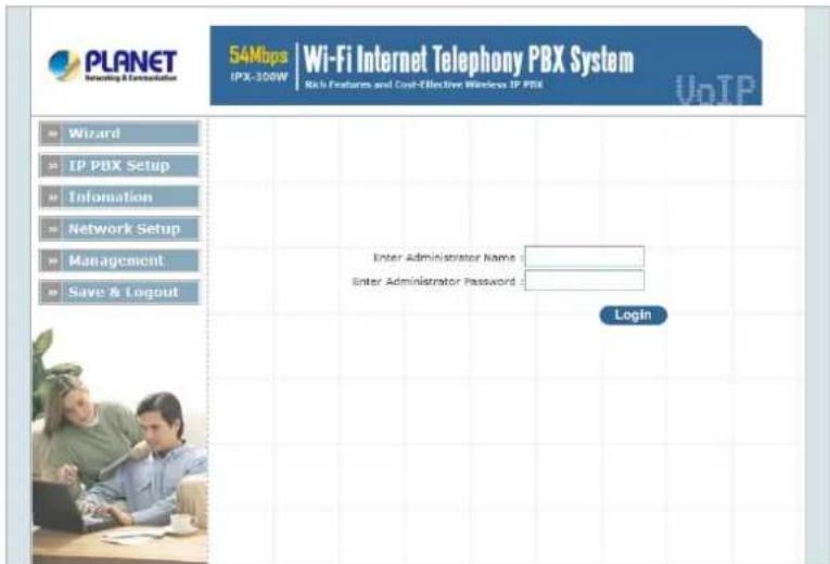 PLANET Networking & Communication 54Maps | Wi-Fi Internet Telephony PBX System IPX-300W | Rich Features and Cost-Effective Wireless IP PBX VoIP Wizard IP PBX Setup Information Network Setup Management Save & Logout Inter Administrator Name: Inter Administrator Password: Login