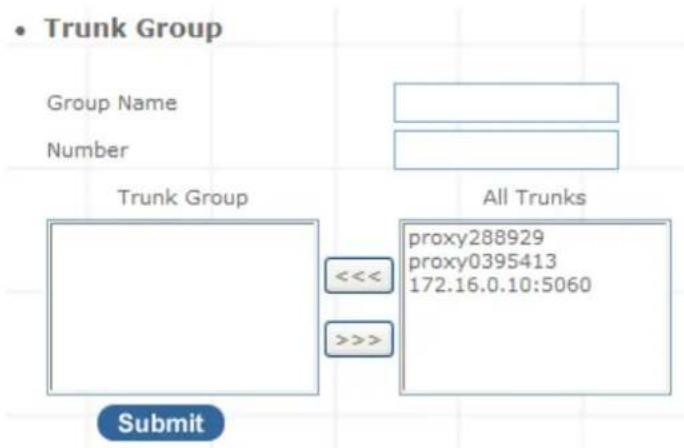 Trunk Group Group Name Number Trunk Group <<< >>> All Trunks proxy288929 proxy0395413 172.16.0.10:5060 Submit