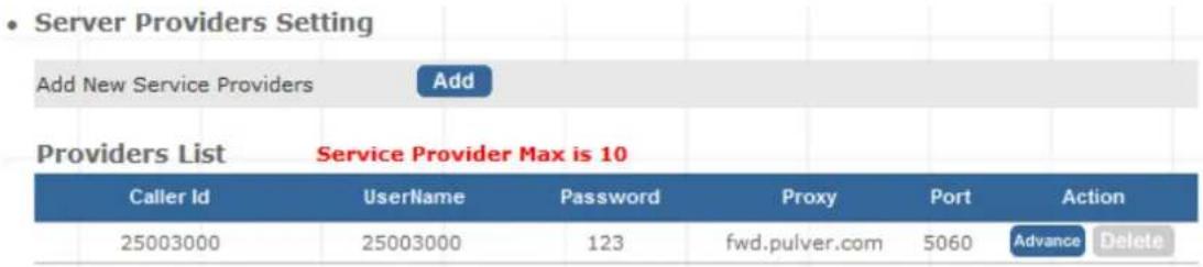 • Server Providers Setting Add New Service Providers Add Providers List Service Provider Max is 10 Caller Id Username Password Proxy Port Action 25003000 25003000 123 fwd.pulver.com 5060 Advance Delete