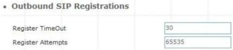 • Outbound SIP Registrations Register TimeOut 30 Register Attempts 65535