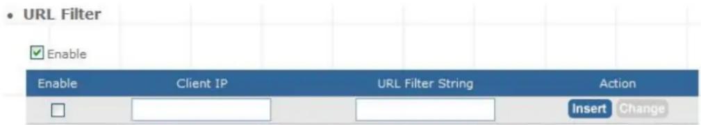URL Filter Enable Enable Client IP URL Filter String Action Insert Change