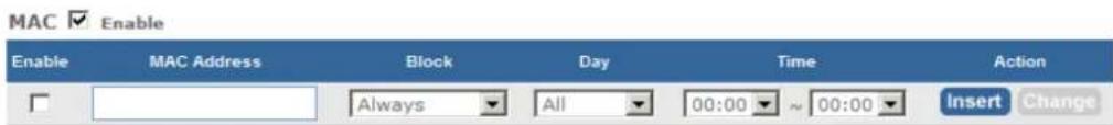 MAC ✓ Enable Enable MAC Address Block Day Time Action Always All 00:00 ~ 00:00 Insert Change