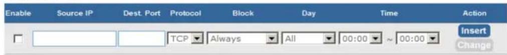 Enable Source IP Dest. Port Protocol Block Day Time Action Insert Change