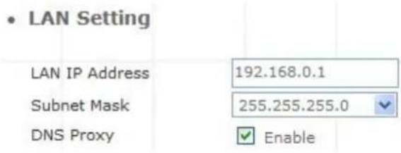 • LAN Setting LAN IP Address 192.168.0.1 Subnet Mask 255.255.255.0 DNS Proxy Enable