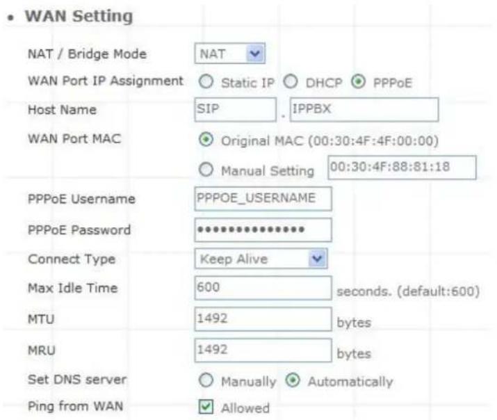 WAN Setting NAT / Bridge Mode NAT WAN Port IP Assignment Static IP DHCP PPPoE Host Name SIP . IPPBX WAN Port MAC Original MAC (00:30:4F:4F:00:00) Manual Setting 00:30:4F:88:81:18 PPPoE Username PPPOE_USERNAME PPPoE Password ************ Connect Type Keep Alive Max Idle Time 600 seconds. (default:600) MTU 1492 bytes MRU 1492 bytes Set DNS server Manually Automatically Ping from WAN Allowed