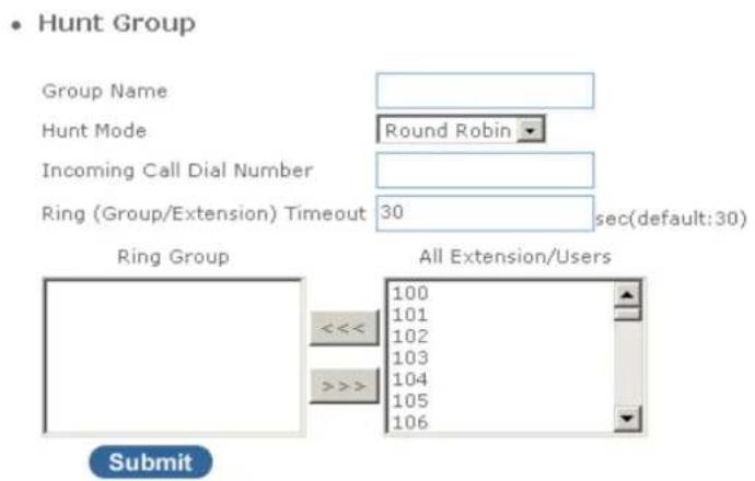 Hunt Group Group Name Hunt Mode Round Robin Incoming Call Dial Number Ring (Group/Extension) Timeout 30 sec(default:30) Ring Group All Extension/Users <<< 100 >>> 101 102 103 104 105 106 Submit