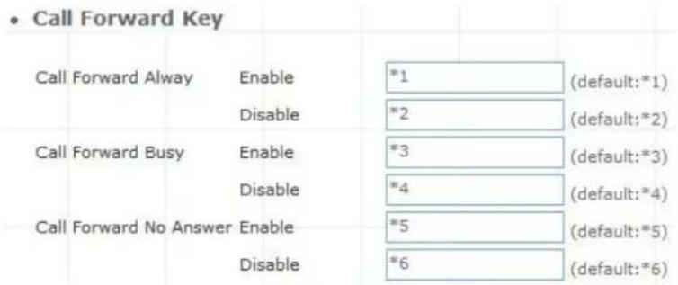 Call Forward Key Call Forward Alway Enable *1 (default:*1) Disable *2 (default:*2) Call Forward Busy Enable *3 (default:*3) Disable *4 (default:*4) Call Forward No Answer Enable *5 (default:*5) Disable *6 (default:*6)