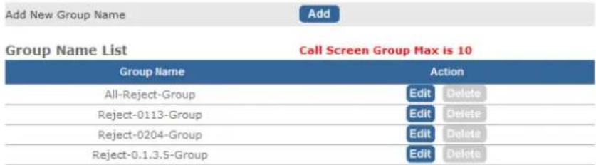 Add New Group Name Add Group Name List Call Screen Group Max is 10 Group Name Action All-Reject-Group Edit Delete Reject-0113-Group Edit Delete Reject-0204-Group Edit Delete Reject-0.1.3.5-Group Edit Delete
