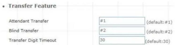 • Transfer Feature Attendant Transfer #1 (default:#1) Blind Transfer #2 (default:#2) Transfer Digit Timeout 30 (default:30)