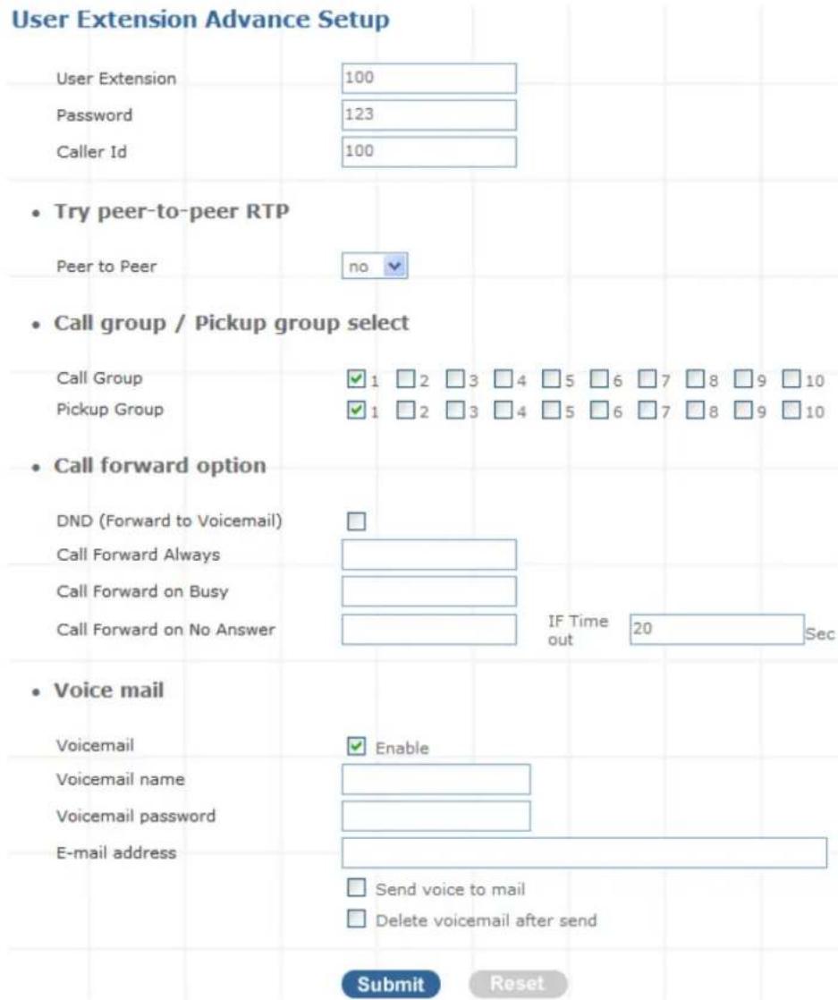 User Extension Advance Setup User Extension 100 Password 123 Caller Id 100 • Try peer-to-peer RTP Peer to Peer no • Call group / Pickup group select Call Group ✓ 1 □ 2 □ 3 □ 4 □ 5 □ 6 □ 7 □ 8 □ 9 □ 10 Pickup Group ✓ 1 □ 2 □ 3 □ 4 □ 5 □ 6 □ 7 □ 8 □ 9 □ 10 • Call forward option DND (Forward to Voicemail) Call Forward Always Call Forward on Busy Call Forward on No Answer IF Time out 20 Sec • Voice mail Voicemail ✓ Enable Voicemail name Voicemail password E-mail address Send voice to mail Delete voicemail after send Submit Reset