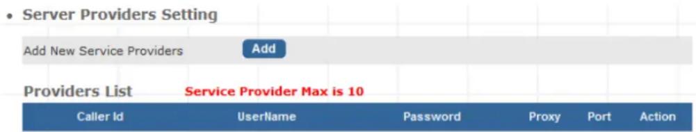 • Server Providers Setting Add New Service Providers Add Providers List Service Provider Max is 10 Caller Id UserName Password Proxy Port Action