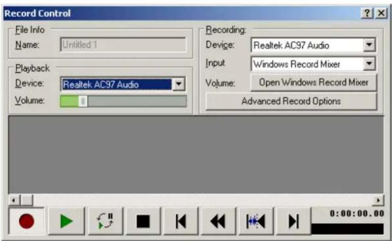 Record Control File Info Name: Untitled 1 Playback Device: Realtek AC97 Audio Volume: Recording: Device: Realtek AC97 Audio Input: Windows Record Mixer Volume: Open Windows Record Mixer Advanced Record Options 0:00:00.00