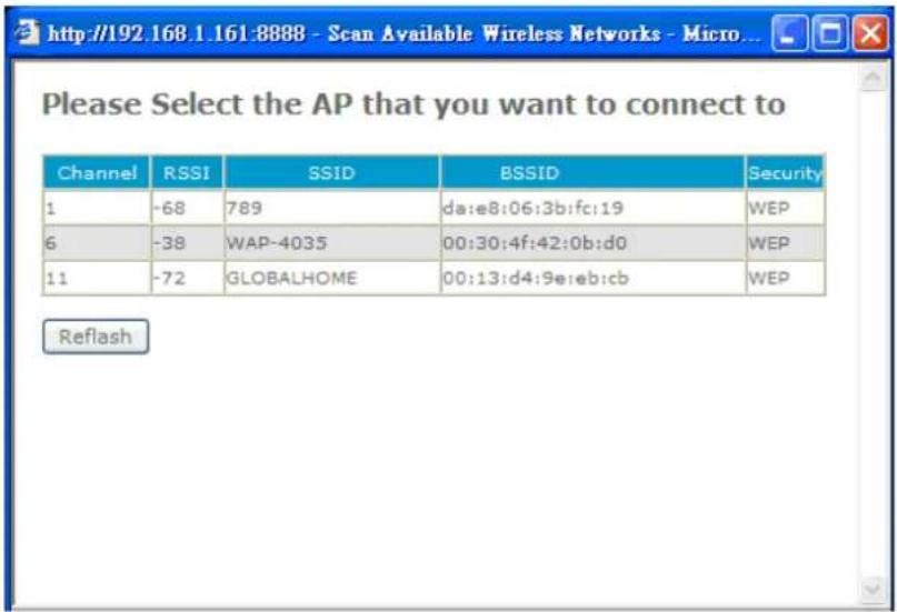 Please Select the AP that you want to connect to Channel RSSI SSID BSSID Security 1 -68 789 da:e8:06:3b:fc:19 WEP 6 -38 WAP-4035 00:30:4f:42:0b:d0 WEP 11 -72 GLOBALHOME 00:13:d4:9e:eb:cb WEP Reflash