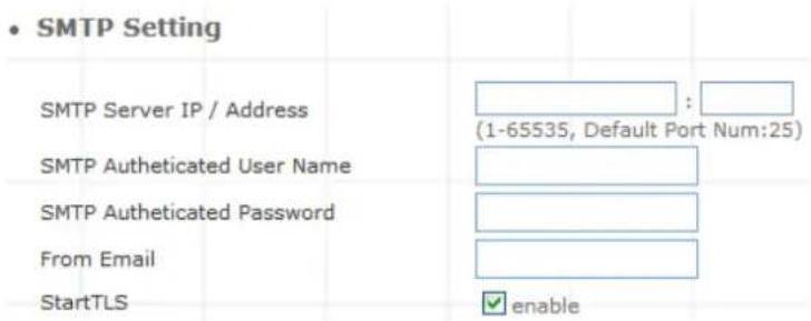 SMTP Setting SMTP Server IP / Address (1-65535, Default Port Num:25) SMTP Authenticated User Name SMTP Authenticated Password From Email StartTLS enable
