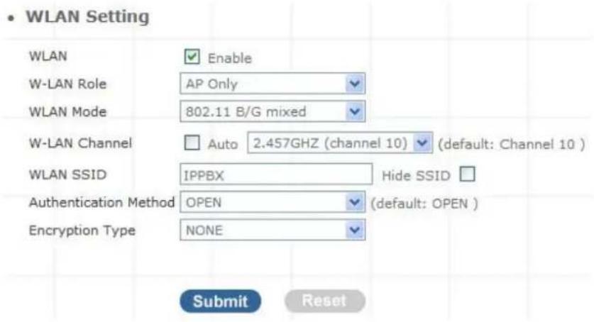 WLAN Setting WLAN Enable W-LAN Role AP Only WLAN Mode 802.11 B/G mixed W-LAN Channel Auto 2.457GHZ (channel 10) (default: Channel 10) WLAN SSID IPPBX Hide SSID Authentication Method OPEN (default: OPEN) Encryption Type NONE Submit Reset