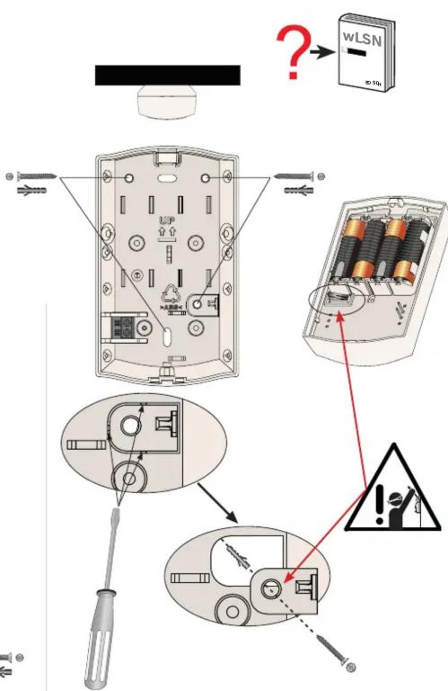 Diagram illustrating the installation of a wall-mounted device with labeled components and warning symbols